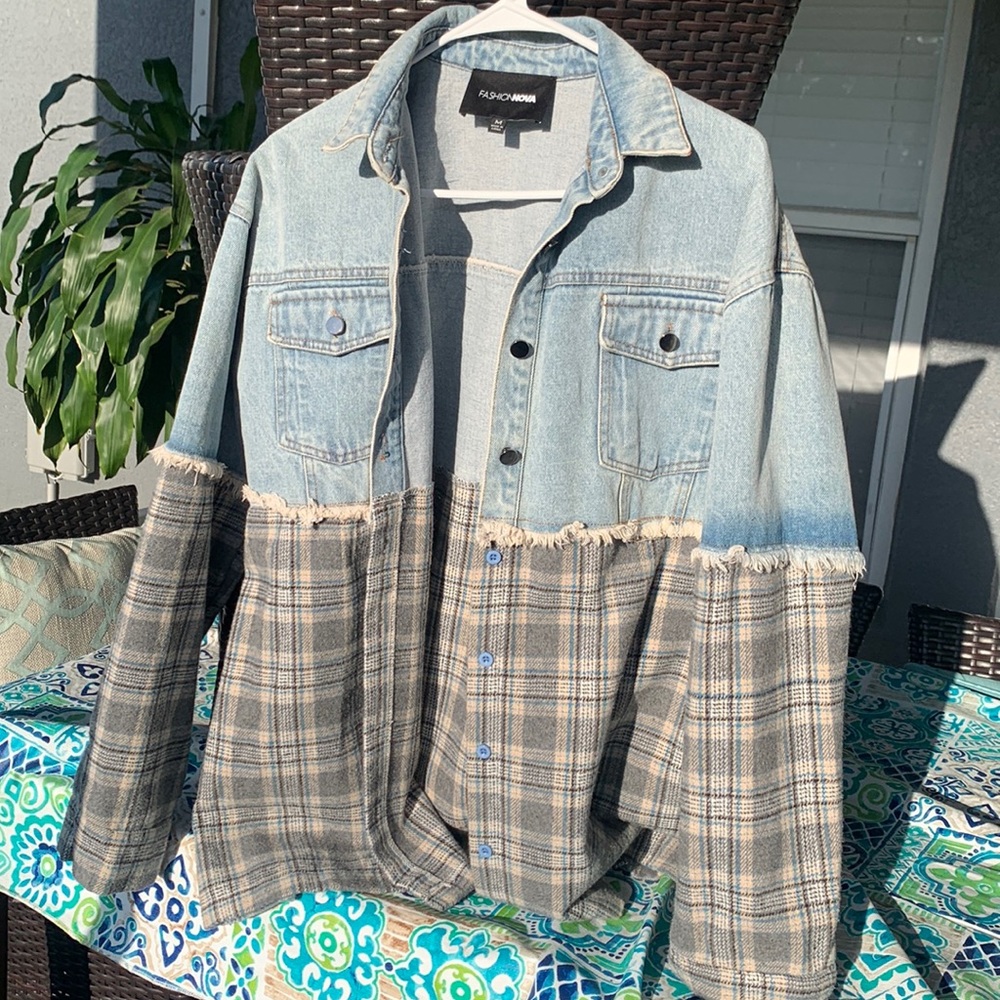 Oversized half Jean half plaid jacket